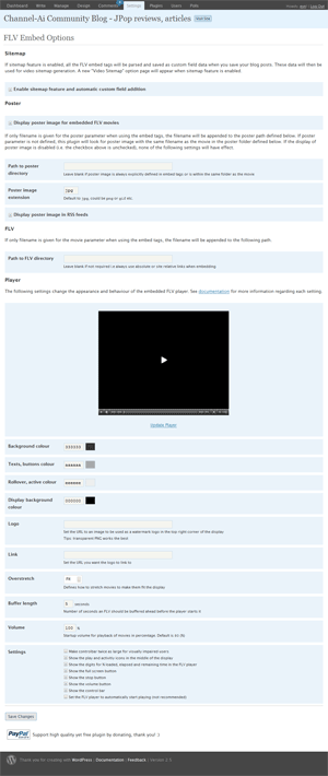 FLV Embed settings screenshot